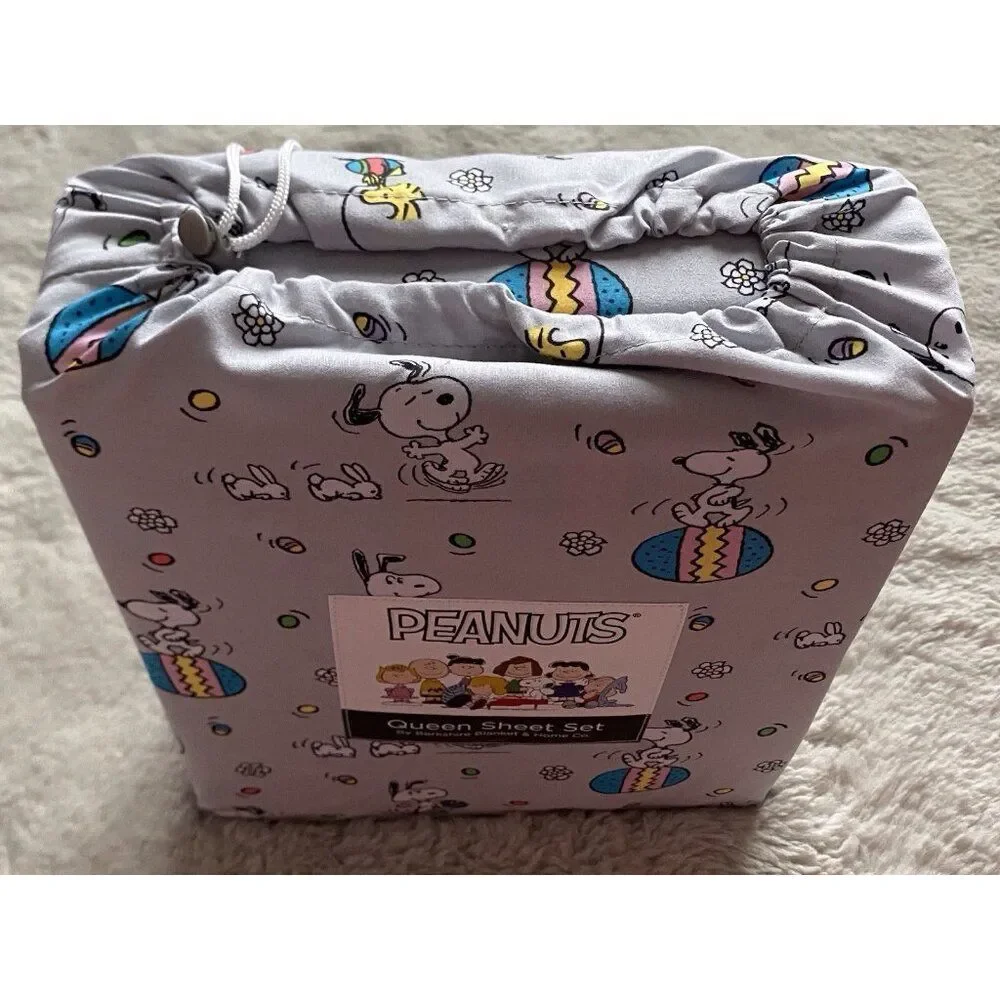 Peanuts Snoopy Easter Egg Bunny Floral QUEEN‎ Sz Sheet Set Soft Grey NEW